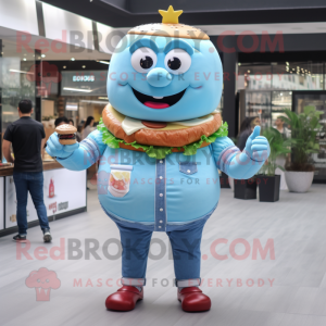 Sky Blue Hamburger mascot costume character dressed with a Denim Shirt and Digital watches