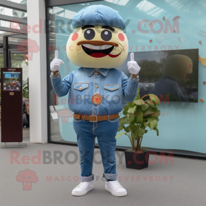 Sky Blue Hamburger mascot costume character dressed with a Denim Shirt and Digital watches