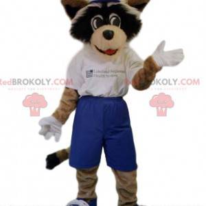 Mascotte de chien avec un short bleu et un t-shirt blanc -
