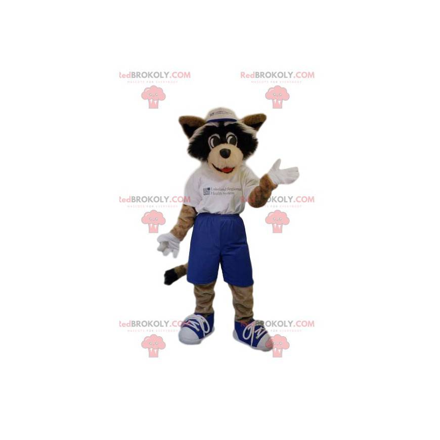 Mascota del perro con pantalones cortos azules y una camiseta