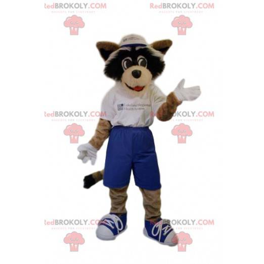 Hundemaskottchen mit blauen Shorts und einem weißen T-Shirt -