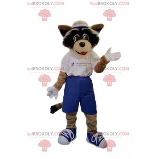 Mascotte cane con pantaloncini blu e una maglietta bianca -