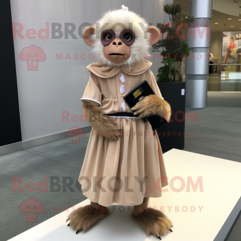 Beige Capuchin Monkey mascot costume character dressed with a Pleated Skirt and Shoe clips