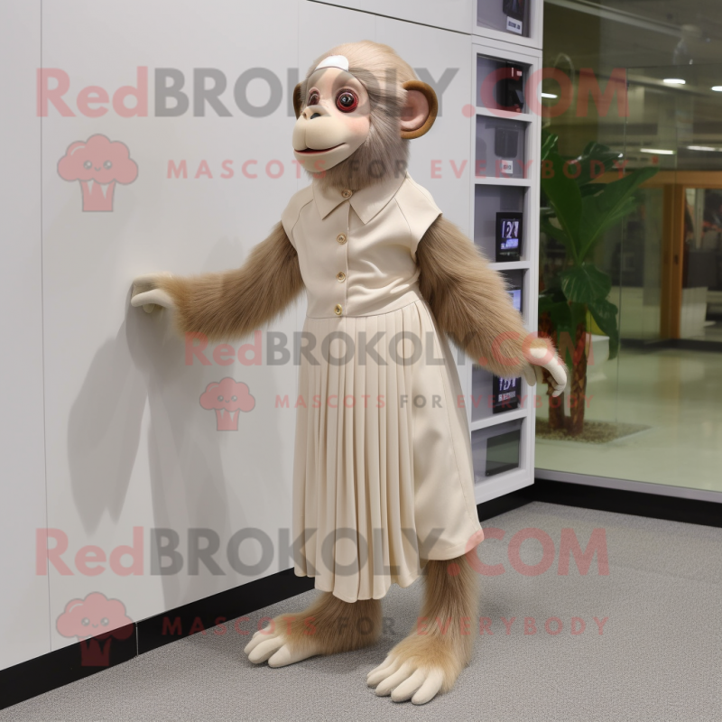 Beige Capuchin Monkey mascot costume character dressed with a Pleated Skirt and Shoe clips