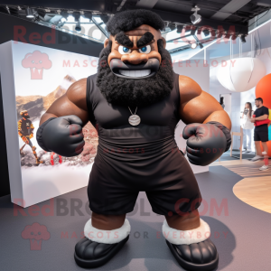 Black Strongman mascot costume character dressed with a Chinos and Headbands