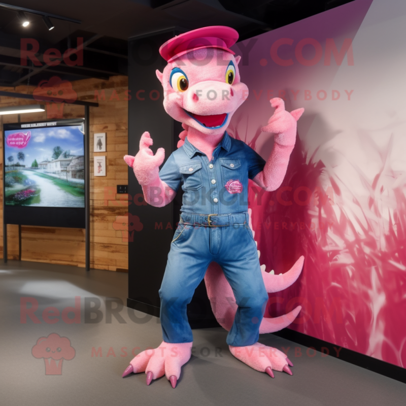 Pink Dragon mascot costume character dressed with a Flare Jeans and Berets