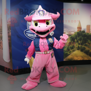 Pink Dragon mascot costume character dressed with a Flare Jeans and Berets