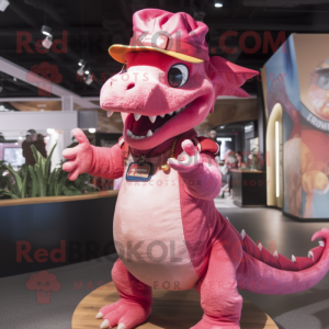 Pink Dragon mascot costume character dressed with a Flare Jeans and Berets