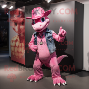 Pink Dragon mascot costume character dressed with a Flare Jeans and Berets