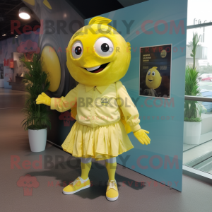 Lemon Yellow Piranha mascot costume character dressed with a Mini Skirt and Cufflinks