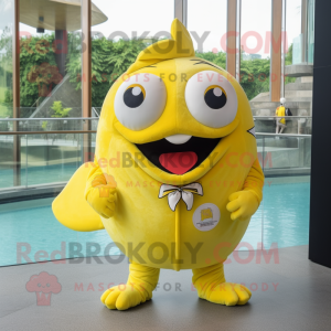 Lemon Yellow Piranha mascot costume character dressed with a Mini Skirt and Cufflinks