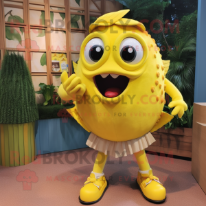 Lemon Yellow Piranha mascot costume character dressed with a Mini Skirt and Cufflinks