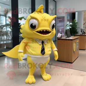 Lemon Yellow Piranha mascot costume character dressed with a Mini Skirt and Cufflinks