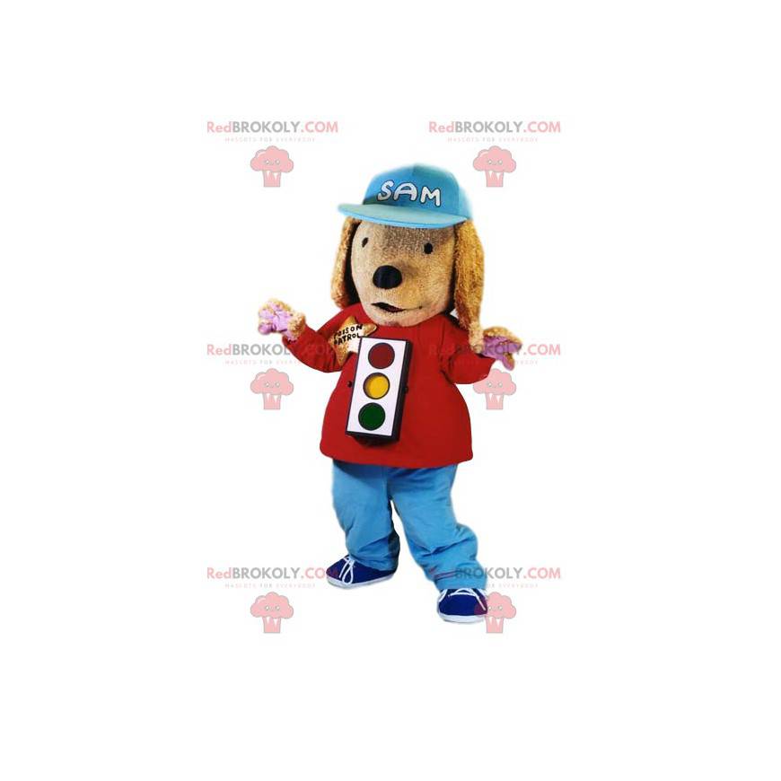 Mascotte de chien avec un feu tricolore et une casquette -