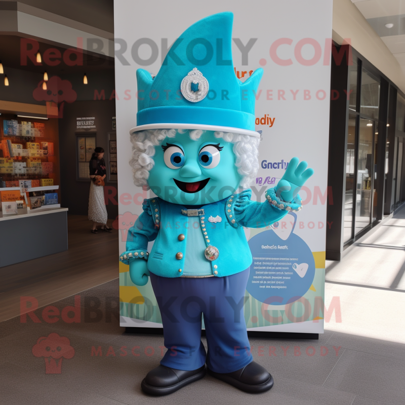 Turquoise Queen mascot costume character dressed with a Oxford Shirt and Hat pins