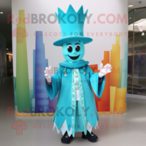 Turquoise Queen mascot costume character dressed with a Oxford Shirt and Hat pins