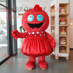 Red Cupcake mascot costume character dressed with a Romper and Clutch bags