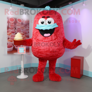 Red Cupcake mascot costume character dressed with a Romper and Clutch bags