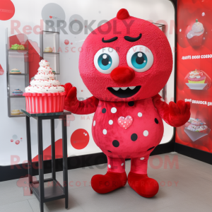 Red Cupcake mascot costume character dressed with a Romper and Clutch bags