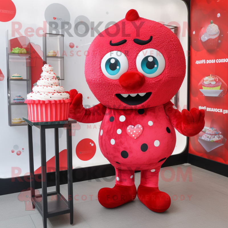 Red Cupcake mascot costume character dressed with a Romper and Clutch bags Red Cupcake mascot costume character dressed with a Romper and Clutch bags