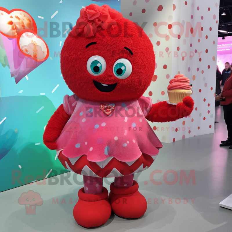 Red Cupcake mascot costume character dressed with a Romper and Clutch bags