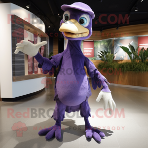 Purple Archeopteryx mascot costume character dressed with a Long Sleeve Tee and Caps
