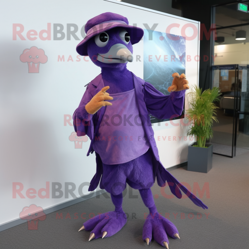 Purple Archeopteryx mascot costume character dressed with a Long Sleeve Tee and Caps