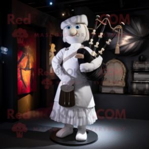 White Bagpipe mascot costume character dressed with a Shift Dress and Suspenders