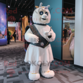 White Bagpipe mascot costume character dressed with a Shift Dress and Suspenders