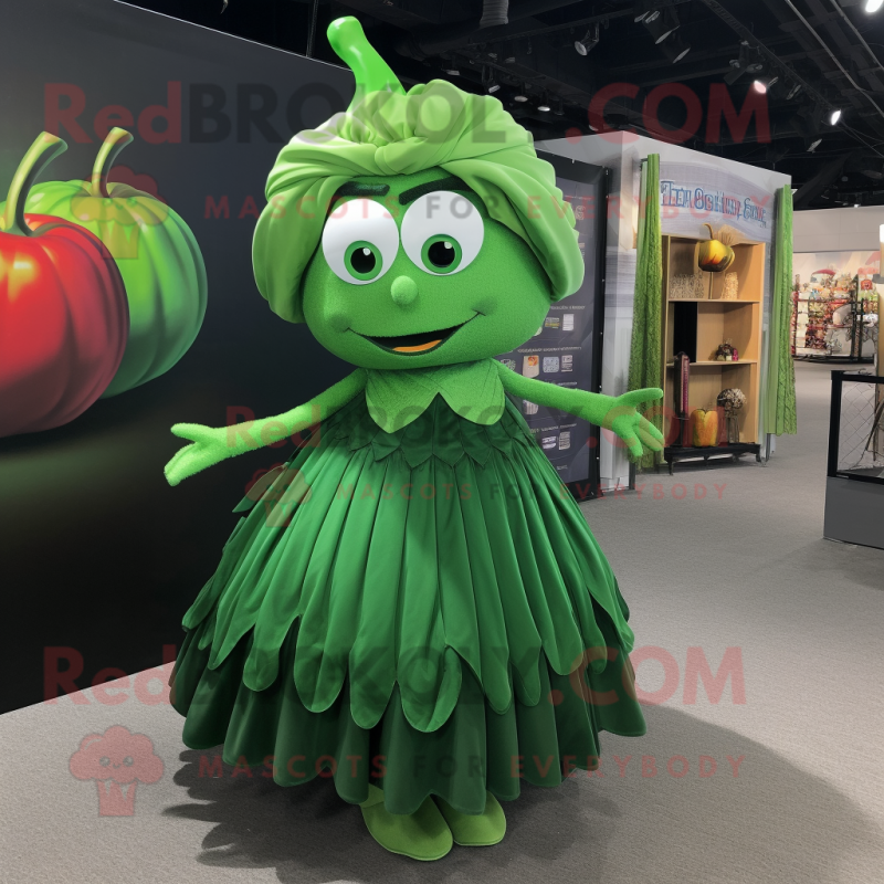 Forest Green Apple mascot costume character dressed with a Pleated Skirt and Necklaces Forest Green Apple mascot costume character dressed with a Pleated Skirt and Necklaces