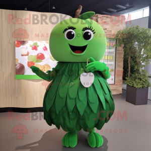 Forest Green Apple mascot costume character dressed with a Pleated Skirt and Necklaces