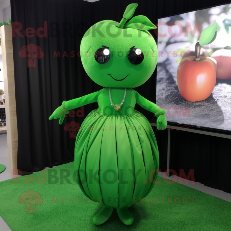 Forest Green Apple mascot costume character dressed with a Pleated Skirt and Necklaces