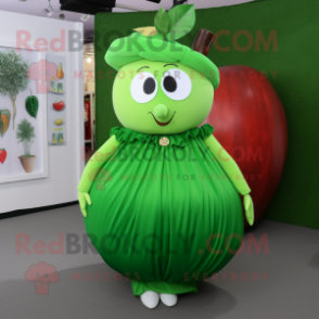 Forest Green Apple mascot costume character dressed with a Pleated Skirt and Necklaces