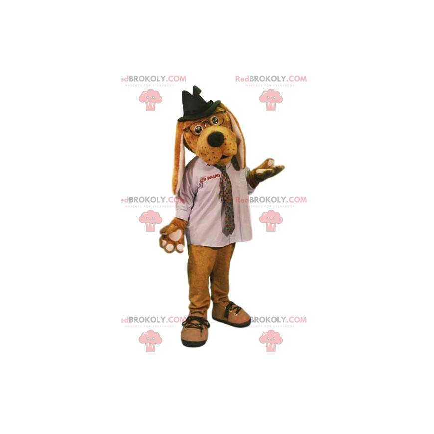 Hundemaskottchen mit einem weißen Hemd und einem Hut -