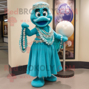 Teal Bracelet mascot costume character dressed with a Ball Gown and Scarves