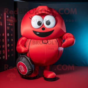 Red Rugby Ball mascot costume character dressed with a Jumpsuit and Handbags