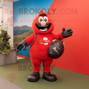 Red Rugby Ball mascot costume character dressed with a Jumpsuit and Handbags