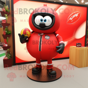 Red Rugby Ball mascot costume character dressed with a Jumpsuit and Handbags