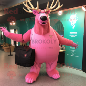 Pink Irish Elk mascot costume character dressed with a Bodysuit and Tote bags