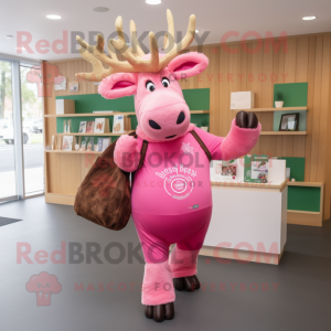 Pink Irish Elk mascot costume character dressed with a Bodysuit and Tote bags