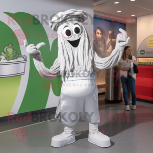 Silver Pesto Pasta mascot costume character dressed with a Flare Jeans and Gloves