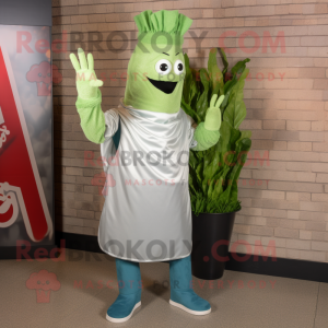 Silver Pesto Pasta mascot costume character dressed with a Flare Jeans and Gloves