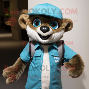 Turquoise Lemur mascot costume character dressed with a Vest and Caps