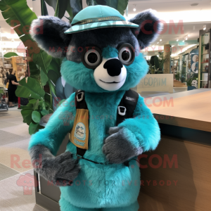 Turquoise Lemur mascot costume character dressed with a Vest and Caps