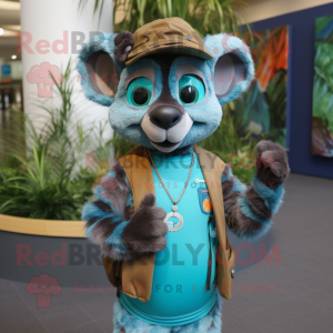 Turquoise Lemur mascot costume character dressed with a Vest and Caps