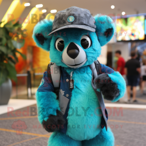 Turquoise Lemur mascot costume character dressed with a Vest and Caps