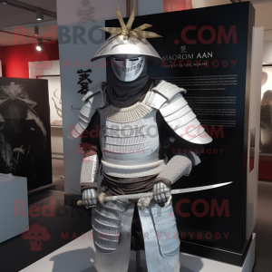 Silver Samurai mascot costume character dressed with a Graphic Tee and Hat pins