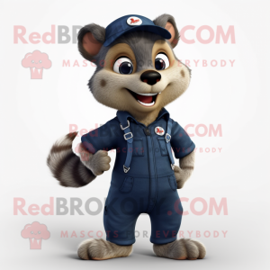 Navy Mongoose mascot costume character dressed with a Dungarees and Shoe clips