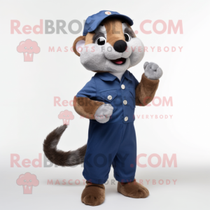 Navy Mongoose mascot costume character dressed with a Dungarees and Shoe clips
