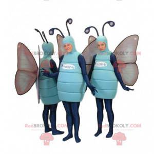 Blaues Schmetterlings-Maskottchen-Trio. Schmetterlingskostüm -